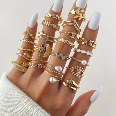 Personality Exaggerated Joint Ring Set Inlaid Shiny Rhinestone Cross Devil's Eye Etc Shape Finger Ring Set For Women
