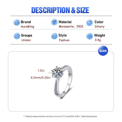 Stunning 1 Carat D Color Moissanite Ring - S925 Sterling Silver - Six-Claw Setting, Perfect for Engagements & Special Occasions