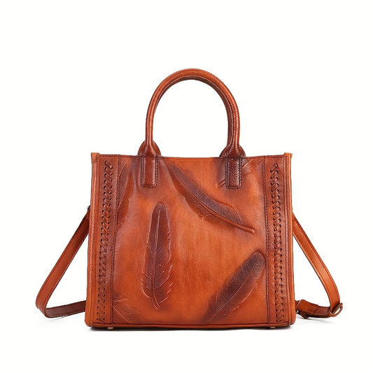 [Adjustable Strap Tote Bag Women] Vintage-Style Tote Bag With Adjustable Shoulder Strap, Feather Pattern, Large Capacity Handbag For Women