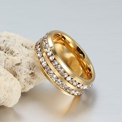Fashionable Casual Romantic Stainless Steel Double-row Imitation Zirconia Ring For Women