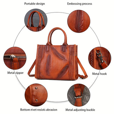 [Adjustable Strap Tote Bag Women] Vintage-Style Tote Bag With Adjustable Shoulder Strap, Feather Pattern, Large Capacity Handbag For Women