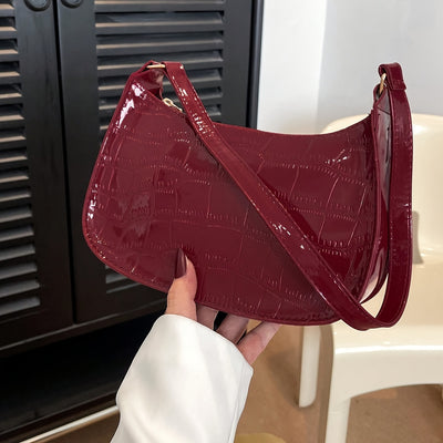 Trendy Glossy Shoulder Bag, Women Patent PU Leather Handbag, Simple Solid Color Underarm Purse