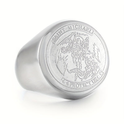 Saint Michael Protect Us Rings for Men, Stainless Steel Archangel Medal Round Signet Amulet Religion Ring, Golden Silveryy Jewelry Gifts