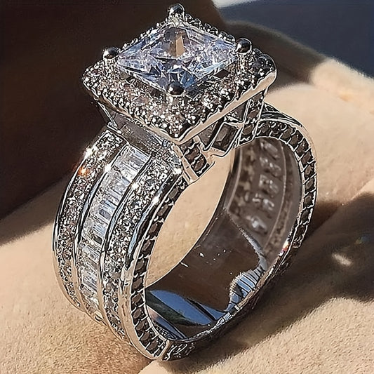 Stunning Square Cut Zirconia Halo Ring - Elegant Wedding Engagement Promise Ring for Women - Valentine's Day Jewelry, Inlaid Shiny Design, Comfort Fit, Hypoallergenic, Nickel-Free, Perfect Gift for Her