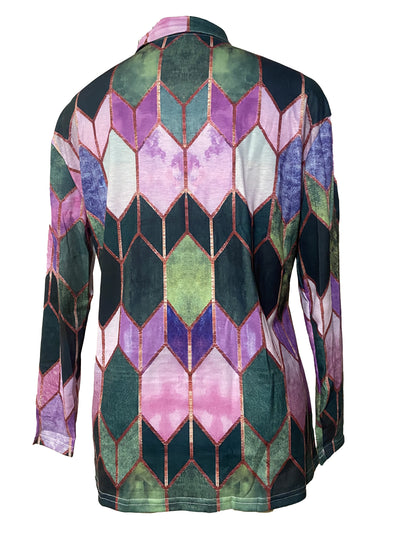 Colorful Geometric Zip-Up Long Sleeve Women Shirt - Stretchy & Comfortable Polyester Blend, Machine Washable - Casual Style for All Seasons