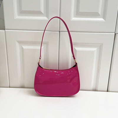 Trendy Glossy Shoulder Bag, Women Patent PU Leather Handbag, Simple Solid Color Underarm Purse