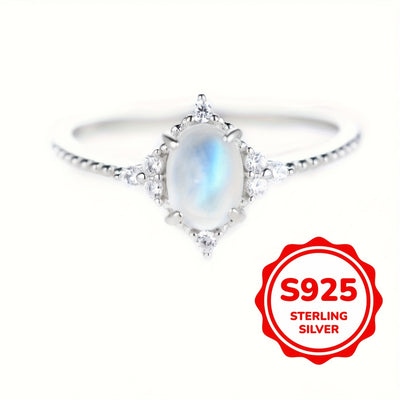 [One S925 Silvery Moonstone Ring] Handmade S925 Pure Silvery Oval Moonstone Ring with Rhombus Surrounding Zirconia, Wedding and Engagement Gift For Women