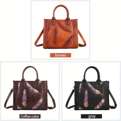 [Adjustable Strap Tote Bag Women] Vintage-Style Tote Bag With Adjustable Shoulder Strap, Feather Pattern, Large Capacity Handbag For Women
