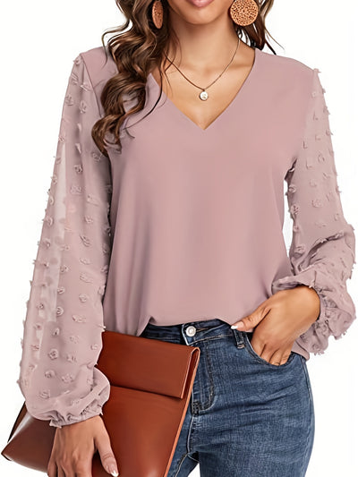 [Dot Sleeve Shirt For Spring] Swiss Dot Sleeve Shirt, Casual V Neck Solid Shirt For Spring & Fall, Women's Clothing