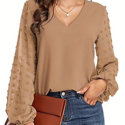 [Dot Sleeve Shirt For Spring] Swiss Dot Sleeve Shirt, Casual V Neck Solid Shirt For Spring & Fall, Women's Clothing