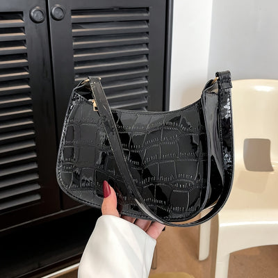 Trendy Glossy Shoulder Bag, Women Patent PU Leather Handbag, Simple Solid Color Underarm Purse