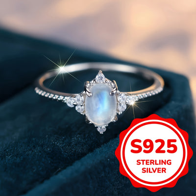 [One S925 Silvery Moonstone Ring] Handmade S925 Pure Silvery Oval Moonstone Ring with Rhombus Surrounding Zirconia, Wedding and Engagement Gift For Women