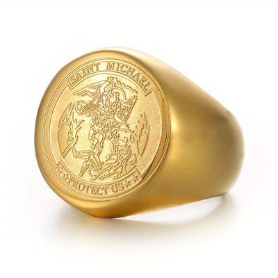Saint Michael Protect Us Rings for Men, Stainless Steel Archangel Medal Round Signet Amulet Religion Ring, Golden Silveryy Jewelry Gifts
