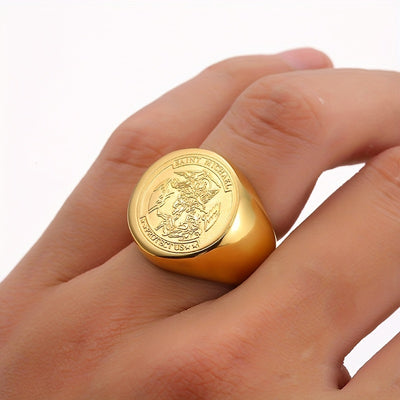 Saint Michael Protect Us Rings for Men, Stainless Steel Archangel Medal Round Signet Amulet Religion Ring, Golden Silveryy Jewelry Gifts