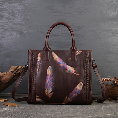 [Adjustable Strap Tote Bag Women] Vintage-Style Tote Bag With Adjustable Shoulder Strap, Feather Pattern, Large Capacity Handbag For Women