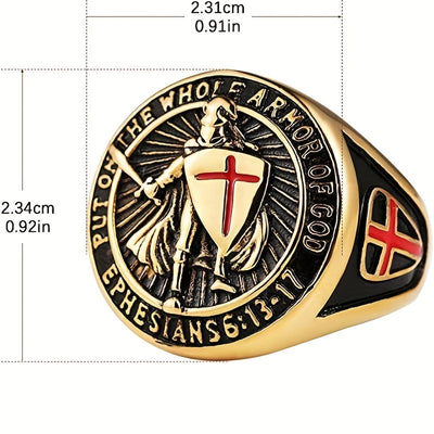 Men'S Stainless Steel Ring, Vintage Hip Hop Style, Knight Shield Design, Templar Order Protection, Crusader Cross, Birthday Anniversary Wedding Holiday Gift, Father'S Day Valentine'S Day Halloween Black Friday Easter Christma