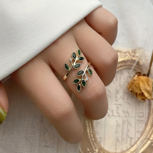 Elegant Leaf Design Open Ring with Sparkling Cubic Zirconia - Luxurious Copper, Perfect for Parties & Vacations, Party Wear|Sophisticated Style|Polished For Women