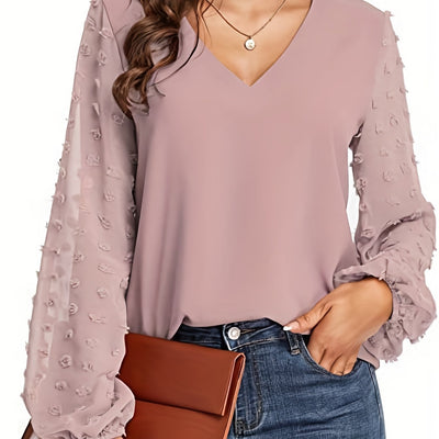 [Dot Sleeve Shirt For Spring] Swiss Dot Sleeve Shirt, Casual V Neck Solid Shirt For Spring & Fall, Women's Clothing
