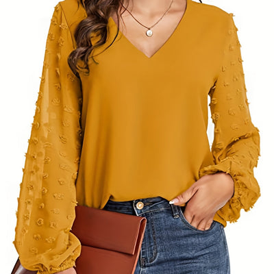[Dot Sleeve Shirt For Spring] Swiss Dot Sleeve Shirt, Casual V Neck Solid Shirt For Spring & Fall, Women's Clothing