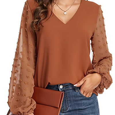 [Dot Sleeve Shirt For Spring] Swiss Dot Sleeve Shirt, Casual V Neck Solid Shirt For Spring & Fall, Women's Clothing