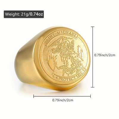 Saint Michael Protect Us Rings for Men, Stainless Steel Archangel Medal Round Signet Amulet Religion Ring, Golden Silveryy Jewelry Gifts