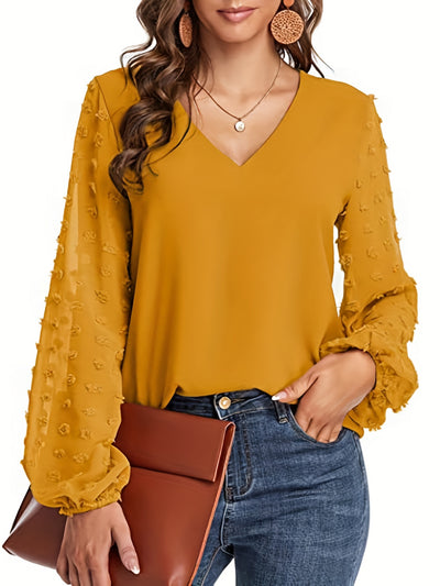 [Dot Sleeve Shirt For Spring] Swiss Dot Sleeve Shirt, Casual V Neck Solid Shirt For Spring & Fall, Women's Clothing