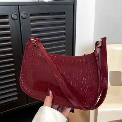 Trendy Glossy Shoulder Bag, Women Patent PU Leather Handbag, Simple Solid Color Underarm Purse