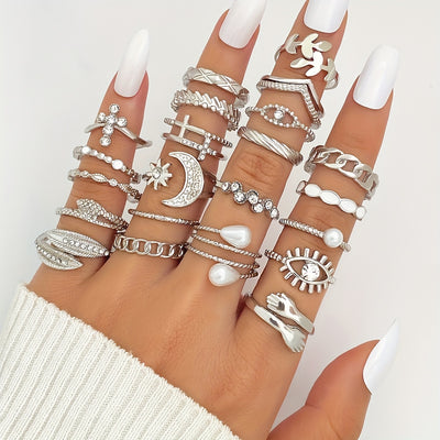 Personality Exaggerated Joint Ring Set Inlaid Shiny Rhinestone Cross Devil's Eye Etc Shape Finger Ring Set For Women