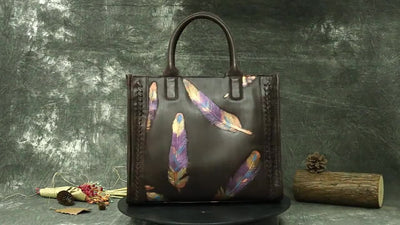 [Adjustable Strap Tote Bag Women] Vintage-Style Tote Bag With Adjustable Shoulder Strap, Feather Pattern, Large Capacity Handbag For Women