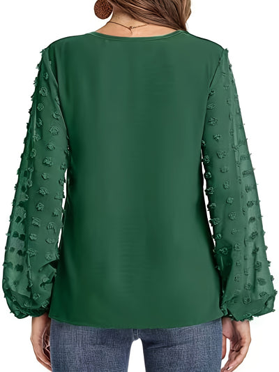 [Dot Sleeve Shirt For Spring] Swiss Dot Sleeve Shirt, Casual V Neck Solid Shirt For Spring & Fall, Women's Clothing