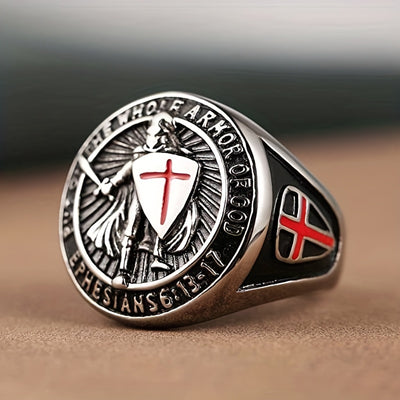 Men'S Stainless Steel Ring, Vintage Hip Hop Style, Knight Shield Design, Templar Order Protection, Crusader Cross, Birthday Anniversary Wedding Holiday Gift, Father'S Day Valentine'S Day Halloween Black Friday Easter Christma