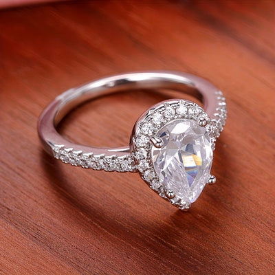 Luxurious Teardrop White Zirconia Engagement Ring - Wedding Bands with Exquisite Silver Plating, Inlaid Design, and Evening Party Decor for Female - Perfect for Special Occasions and Romantic Gestures