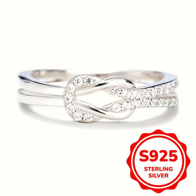 1pc Exquisite Knot Shaped 925 Sterling Silver Ring - Statement Jewelry with Inlaid Shining Zirconia for Evening Party, Cocktail Party, Anniversary, Birthday Gift for Her, Elegant and Sophisticated Accessory