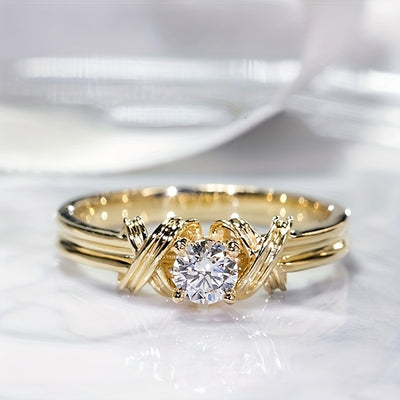 Interwoven Floral Pattern Ring With Golden-plated White Zirconia And Synthetic Gemstones Jewelry From Europe And America